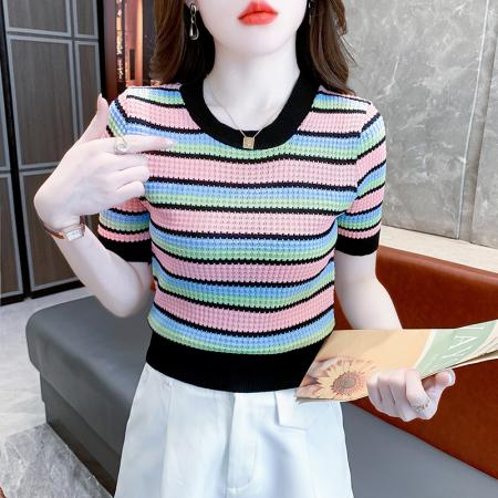BY15246# 夏季新款圆领条纹针织短袖T桖修身显瘦百搭上衣服裝批發女裝批發服飾貨源