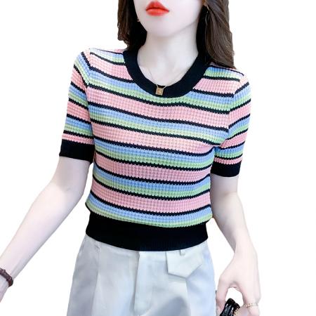 BY15246# 夏季新款圆领条纹针织短袖T桖修身显瘦百搭上衣服裝批發女裝批發服飾貨源