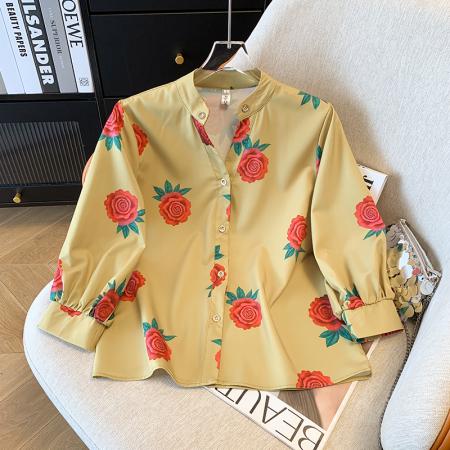 BY15252# 夏季新款印花衬衫高级感设计感上衣七分袖小衫服裝批發女裝批發服飾貨源