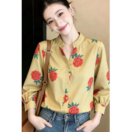 BY15252# 夏季新款印花衬衫高级感设计感上衣七分袖小衫服裝批發女裝批發服飾貨源