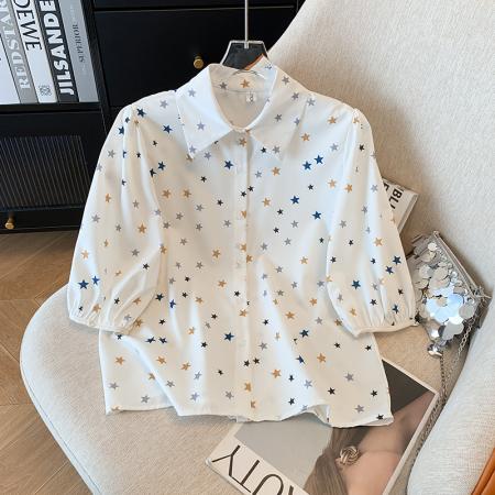 BY15253# 夏季新款宽松显瘦洋气百搭印花短袖衬衫女五分袖上衣服裝批發女裝批發服飾貨源