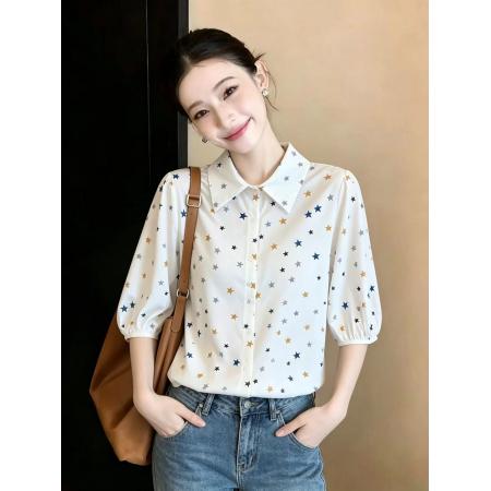 BY15253# 夏季新款宽松显瘦洋气百搭印花短袖衬衫女五分袖上衣服裝批發女裝批發服飾貨源