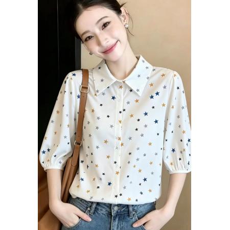 BY15253# 夏季新款宽松显瘦洋气百搭印花短袖衬衫女五分袖上衣服裝批發女裝批發服飾貨源