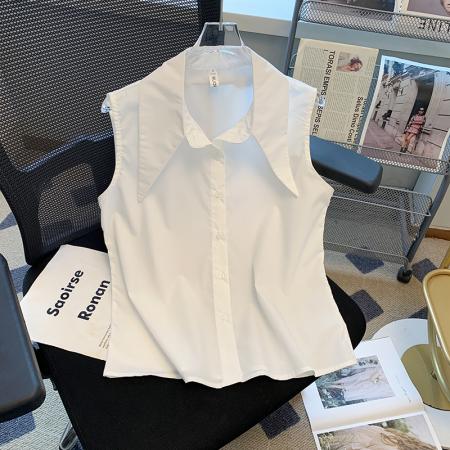 BY15254# 海军领白色无袖衬衫女夏季新款宽松休闲洋气上衣女服裝批發女裝批發服飾貨源