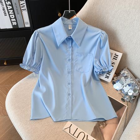 BY15256# 蓝色泡泡袖衬衫女夏季新款短袖洋气小衫女减龄上衣服裝批發女裝批發服飾貨源