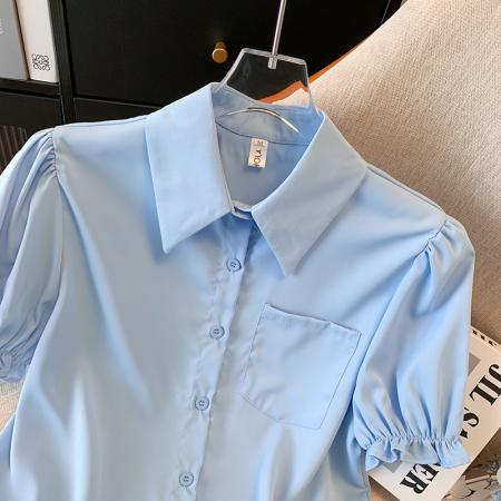 BY15256# 蓝色泡泡袖衬衫女夏季新款短袖洋气小衫女减龄上衣服裝批發女裝批發服飾貨源