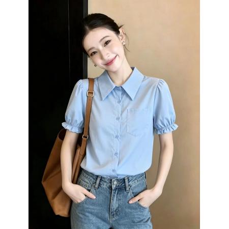 BY15256# 蓝色泡泡袖衬衫女夏季新款短袖洋气小衫女减龄上衣服裝批發女裝批發服飾貨源