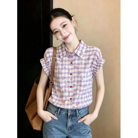 BY15257# 夏季新款港风复古格子衬衫设计感减龄印花褶皱短袖上衣服裝批發女裝批發服飾貨源