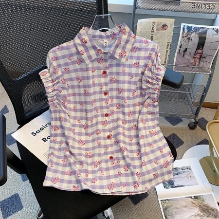 BY15257# 夏季新款港风复古格子衬衫设计感减龄印花褶皱短袖上衣服裝批發女裝批發服飾貨源