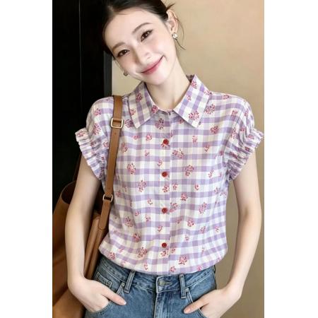 BY15257# 夏季新款港风复古格子衬衫设计感减龄印花褶皱短袖上衣服裝批發女裝批發服飾貨源