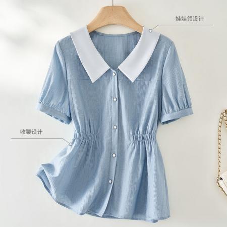 BY15258# 夏季新款娃娃领短袖衬衫女士收腰洋气独特衬衣小衫上衣服裝批發女裝批發服飾貨源