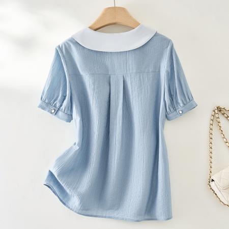 BY15258# 夏季新款娃娃领短袖衬衫女士收腰洋气独特衬衣小衫上衣服裝批發女裝批發服飾貨源