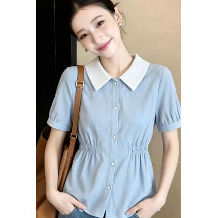 BY15258# 夏季新款娃娃领短袖衬衫女士收腰洋气独特衬衣小衫上衣服裝批發女裝批發服飾貨源