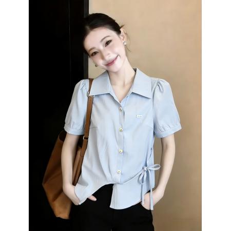 BY15260# 夏季新款时尚简约风翻领短袖衬衫女系带显瘦百搭上衣服裝批發女裝批發服飾貨源