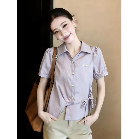 BY15260# 夏季新款时尚简约风翻领短袖衬衫女系带显瘦百搭上衣服裝批發女裝批發服飾貨源
