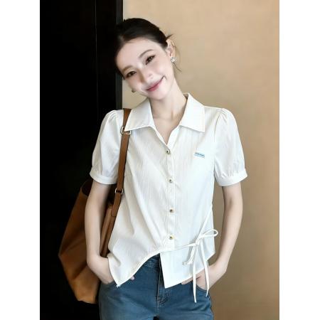 BY15260# 夏季新款时尚简约风翻领短袖衬衫女系带显瘦百搭上衣服裝批發女裝批發服飾貨源