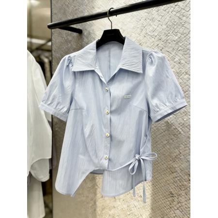 BY15260# 夏季新款时尚简约风翻领短袖衬衫女系带显瘦百搭上衣服裝批發女裝批發服飾貨源