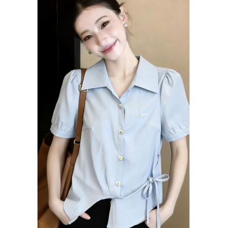 BY15260# 夏季新款时尚简约风翻领短袖衬衫女系带显瘦百搭上衣服裝批發女裝批發服飾貨源