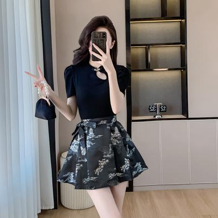 BY15266# 夏季新中式女装国风短款马面裙黑色百褶裙小个子时尚套装服裝批發女裝批發服飾貨源