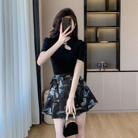BY15266# 夏季新中式女装国风短款马面裙黑色百褶裙小个子时尚套装服裝批發女裝批發服飾貨源