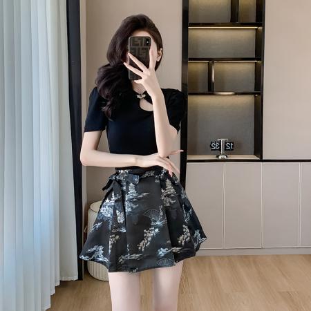 BY15266# 夏季新中式女装国风短款马面裙黑色百褶裙小个子时尚套装服裝批發女裝批發服飾貨源