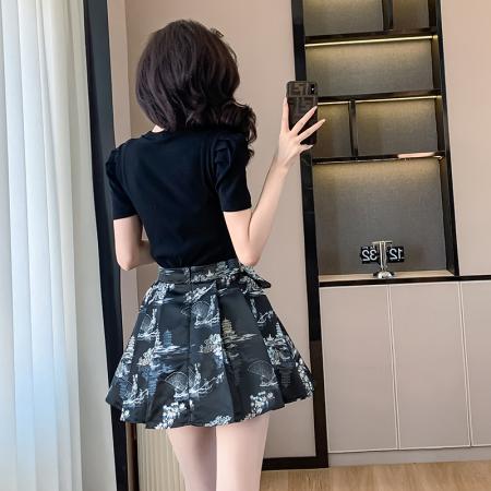 BY15266# 夏季新中式女装国风短款马面裙黑色百褶裙小个子时尚套装服裝批發女裝批發服飾貨源