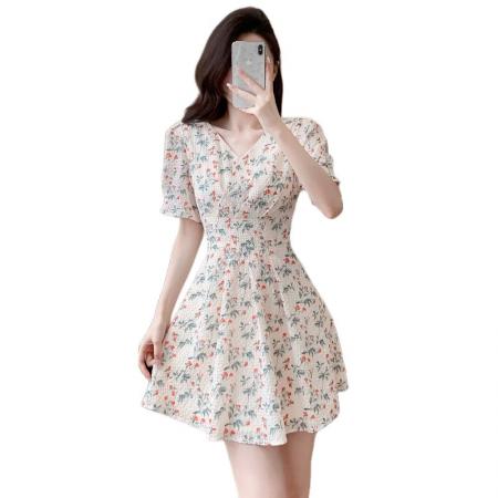 BY15267# 雪纺碎花小个子连衣裙新款女夏高腰气质漂亮时尚温柔连衣裙女服裝批發女裝批發服飾貨源