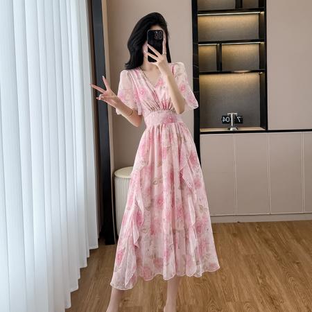 BY15268# 夏季新款法式时尚气质V领收腰显瘦碎花雪纺荷叶边连衣裙女服裝批發女裝批發服飾貨源