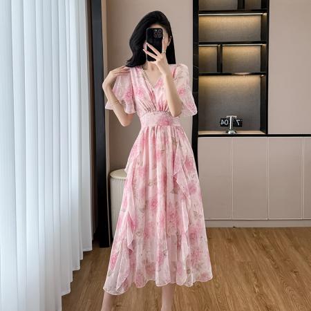 BY15268# 夏季新款法式时尚气质V领收腰显瘦碎花雪纺荷叶边连衣裙女服裝批發女裝批發服飾貨源