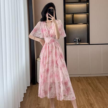 BY15268# 夏季新款法式时尚气质V领收腰显瘦碎花雪纺荷叶边连衣裙女服裝批發女裝批發服飾貨源