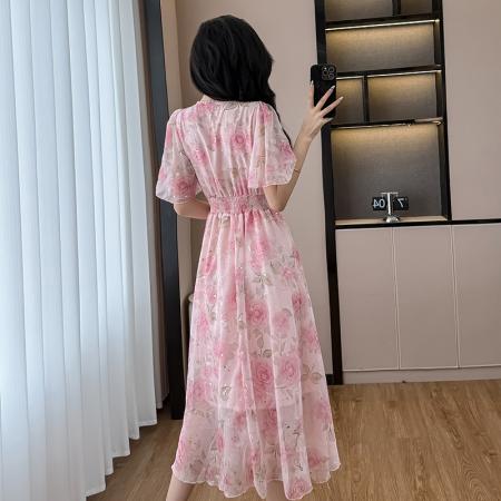 BY15268# 夏季新款法式时尚气质V领收腰显瘦碎花雪纺荷叶边连衣裙女服裝批發女裝批發服飾貨源