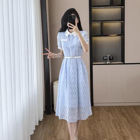 BY15269# 衬衣领高级感气质百搭法式显瘦中长裙夏季遮腰显瘦连衣裙服裝批發女裝批發服飾貨源