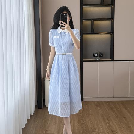 BY15269# 衬衣领高级感气质百搭法式显瘦中长裙夏季遮腰显瘦连衣裙服裝批發女裝批發服飾貨源