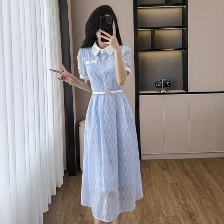 BY15269# 衬衣领高级感气质百搭法式显瘦中长裙夏季遮腰显瘦连衣裙服裝批發女裝批發服飾貨源