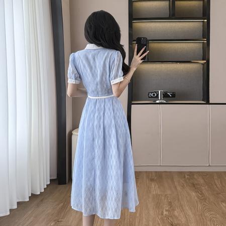 BY15269# 衬衣领高级感气质百搭法式显瘦中长裙夏季遮腰显瘦连衣裙服裝批發女裝批發服飾貨源