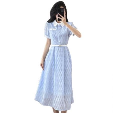 BY15269# 衬衣领高级感气质百搭法式显瘦中长裙夏季遮腰显瘦连衣裙服裝批發女裝批發服飾貨源