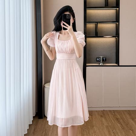 BY15271# 小个子方领时尚收腰显瘦法师初恋温柔茶歇女装仙女连衣裙服裝批發女裝批發服飾貨源