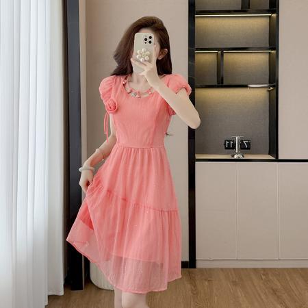 BY15272# 夏季别致绝美粉色超仙连衣裙女新款立体花朵气质减龄显瘦裙子服裝批發女裝批發服飾貨源