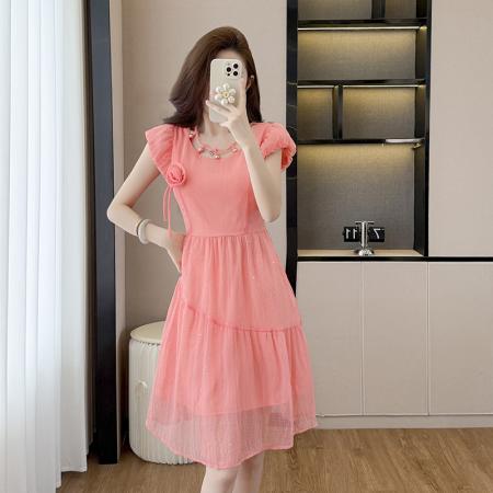 BY15272# 夏季别致绝美粉色超仙连衣裙女新款立体花朵气质减龄显瘦裙子服裝批發女裝批發服飾貨源