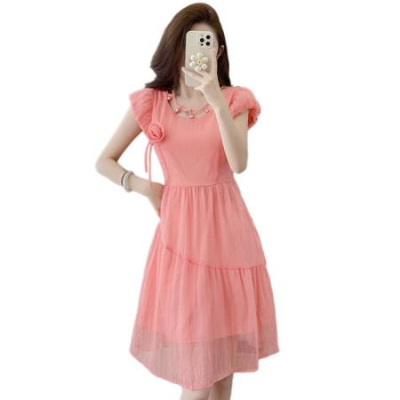 BY15272# 夏季别致绝美粉色超仙连衣裙女新款立体花朵气质减龄显瘦裙子服裝批發女裝批發服飾貨源