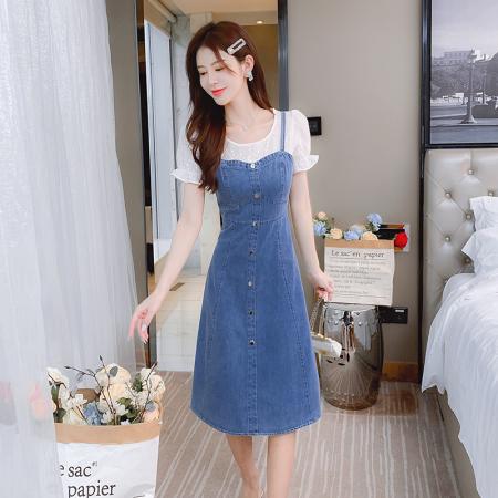 BY15275# 时尚假两件拼接修身显瘦遮肉小个子气质软牛仔休闲连衣裙女服裝批發女裝批發服飾貨源