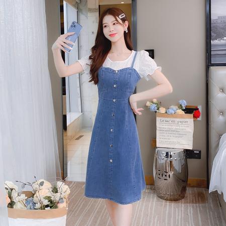 BY15275# 时尚假两件拼接修身显瘦遮肉小个子气质软牛仔休闲连衣裙女服裝批發女裝批發服飾貨源