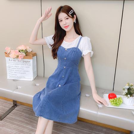 BY15275# 时尚假两件拼接修身显瘦遮肉小个子气质软牛仔休闲连衣裙女服裝批發女裝批發服飾貨源