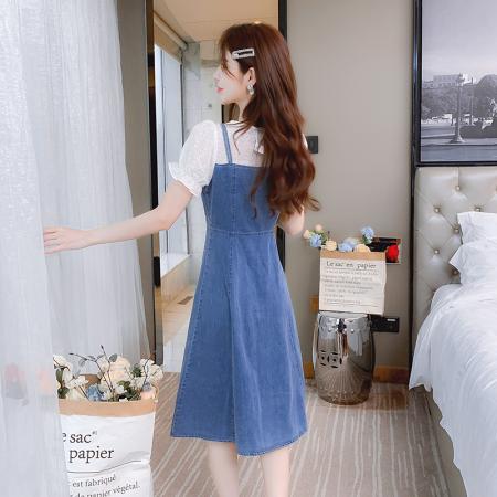 BY15275# 时尚假两件拼接修身显瘦遮肉小个子气质软牛仔休闲连衣裙女服裝批發女裝批發服飾貨源