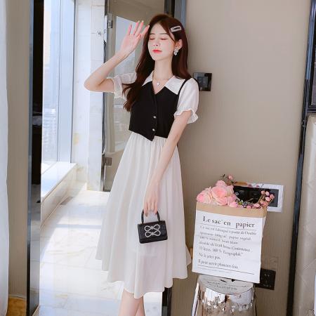 BY15276# 夏季新款拼色POLO领设计感泡泡袖连衣裙收腰显瘦遮肉长裙服裝批發女裝批發服飾貨源