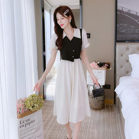 BY15276# 夏季新款拼色POLO领设计感泡泡袖连衣裙收腰显瘦遮肉长裙服裝批發女裝批發服飾貨源