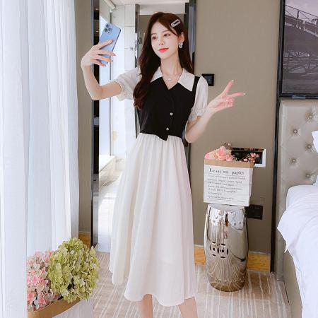 BY15276# 夏季新款拼色POLO领设计感泡泡袖连衣裙收腰显瘦遮肉长裙服裝批發女裝批發服飾貨源