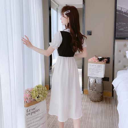 BY15276# 夏季新款拼色POLO领设计感泡泡袖连衣裙收腰显瘦遮肉长裙服裝批發女裝批發服飾貨源