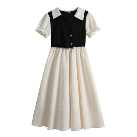 BY15276# 夏季新款拼色POLO领设计感泡泡袖连衣裙收腰显瘦遮肉长裙服裝批發女裝批發服飾貨源