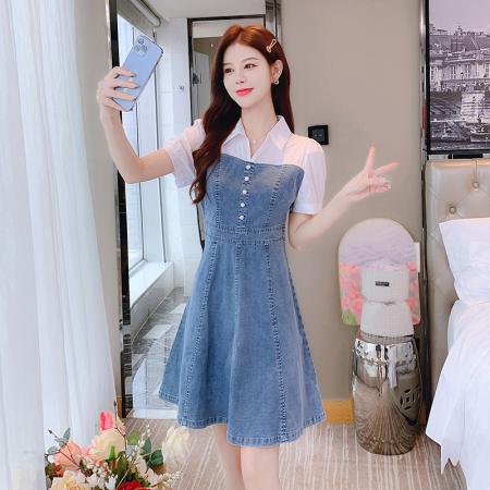 BY15277# 假两件牛仔连衣裙女夏季新款短袖衬衣领拼接显瘦a字牛仔裙服裝批發女裝批發服飾貨源